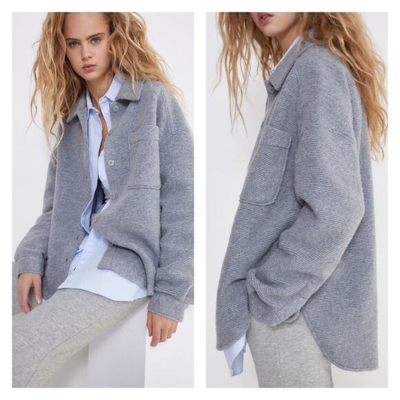 NEW ZARA Asymmetrical Hem Oversized Ribbed Shirt Jacket XS Grey - Picture 4 of 8